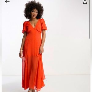 NWOT ASOS Design Chiffon V Neck Midi Dress with Flutter Sleeves and Flare Hem